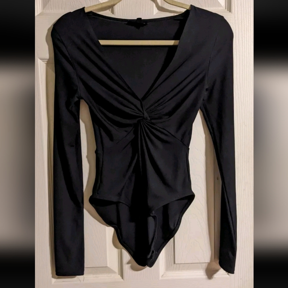 Topshop Black Bodysuit US 6 Long Sleeve V-Neck Knot Gathered Stretchy